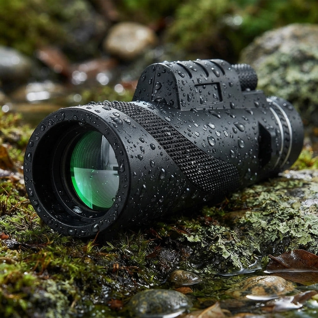 Water-resistant portable HD telescope resting on mossy stones