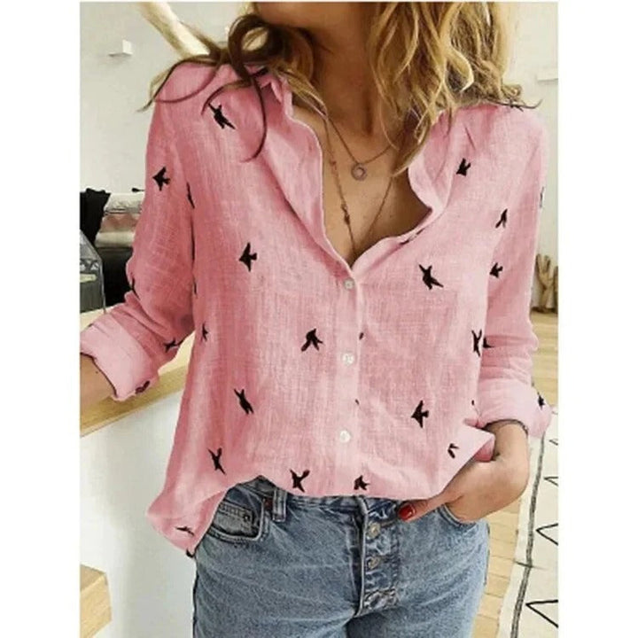 Women's summer button-down blouse with long sleeves and casual v-neck style