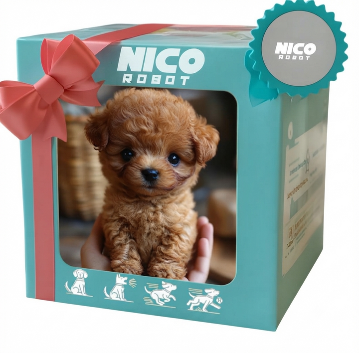 Interactive robot puppy toy inside its teal gift box packaging