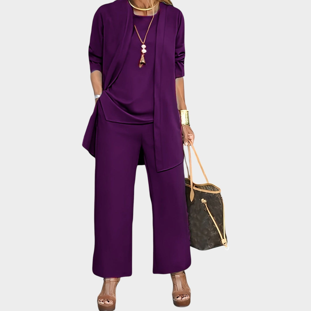 Chic womens workwear outfit featuring long cardigan and trousers