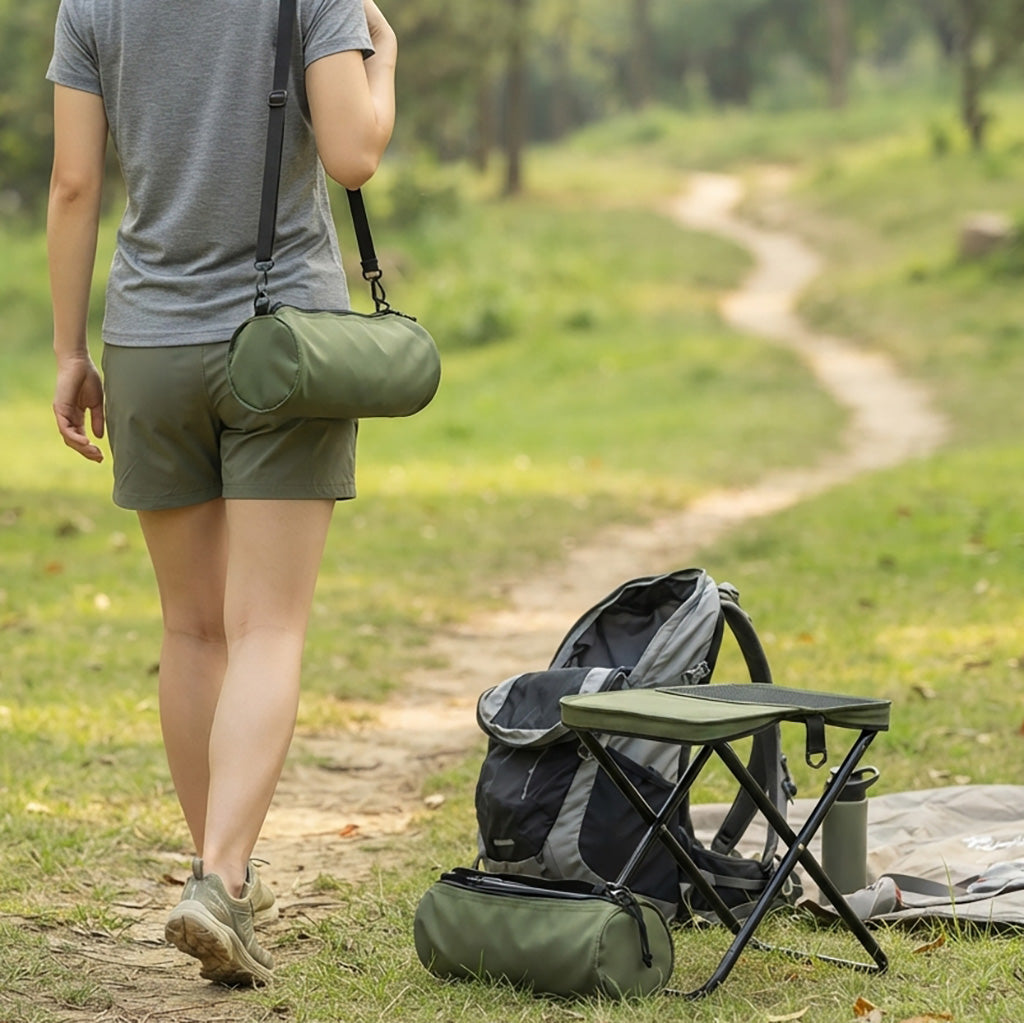 Outdoor gear lifestyle shot of the folding chair used during a hiking trip