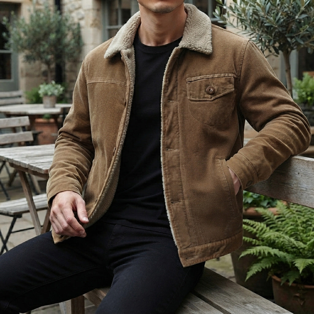 Man wearing a coffee brown textured jacket sitting outdoors