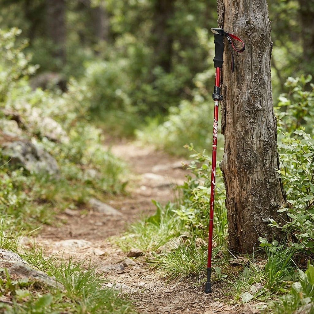 Red adjustable trekking pole propped against a tree trunk on a forest hiking trail