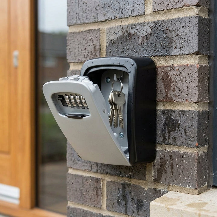 Durable metal wall-mounted key box shown from an angled perspective