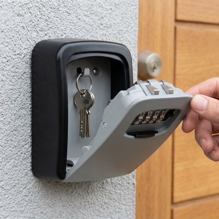 Outdoor key storage lock box mounted beside a modern front door