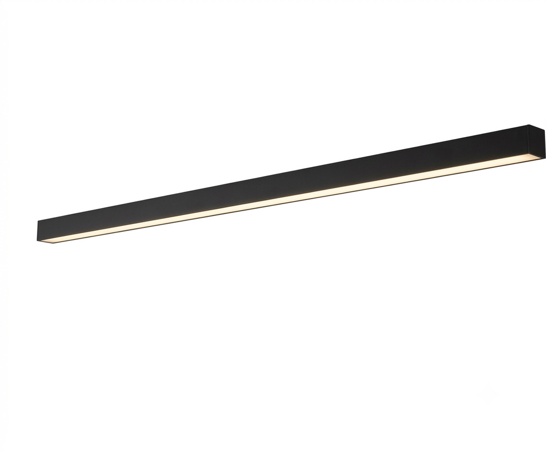 Minimalist black LED ceiling lamp bar lit against a white background
