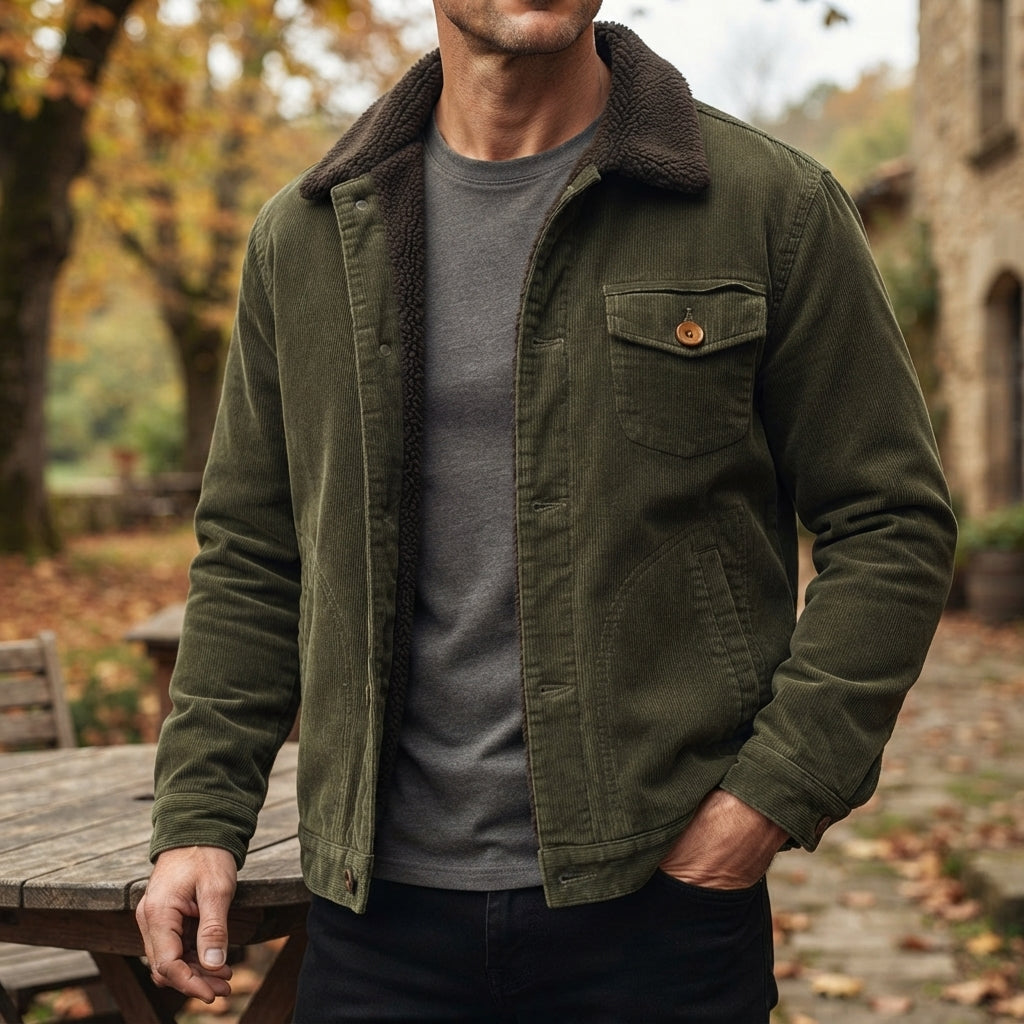 Man wearing a green textured jacket with dark t-shirt and jeans outdoors