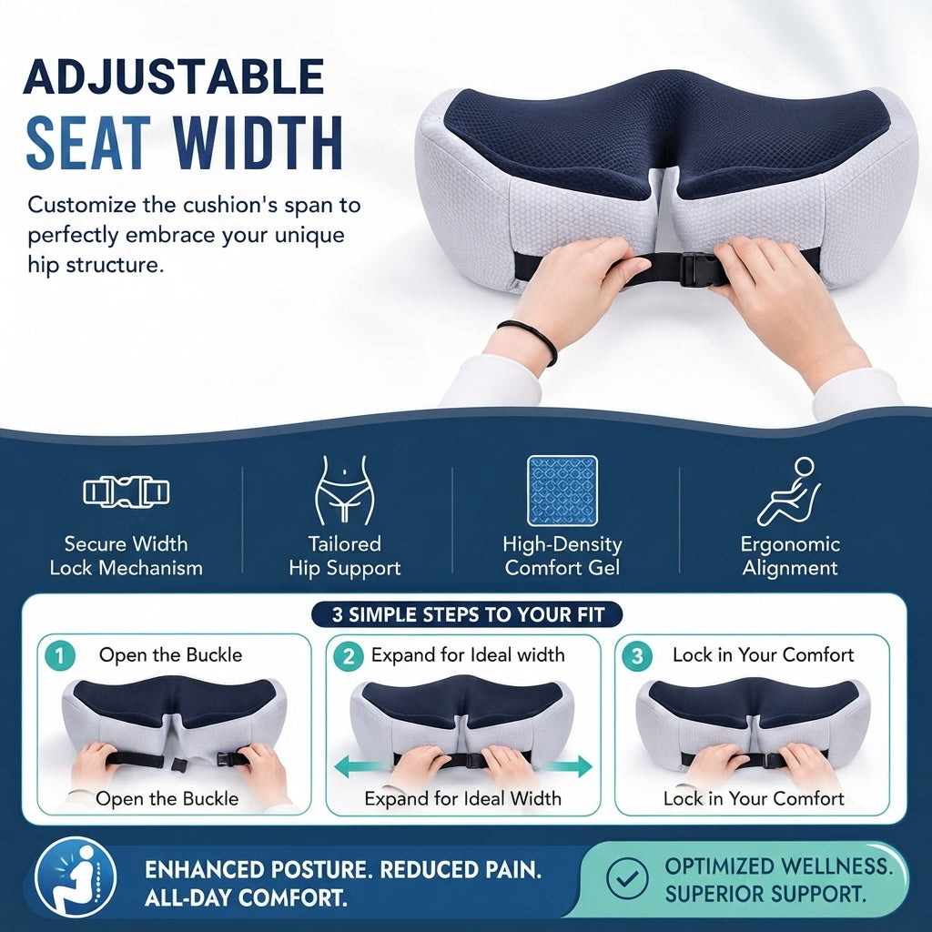 Ergonomic memory foam seat cushion showing curved tailbone cutout for back support