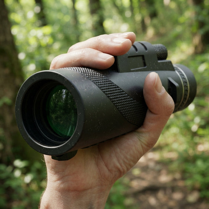 Hand holding the portable zoom telescope outdoors in a forest