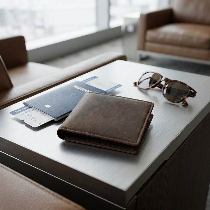 Slim bifold wallet for men showing interior card slots and cash pocket