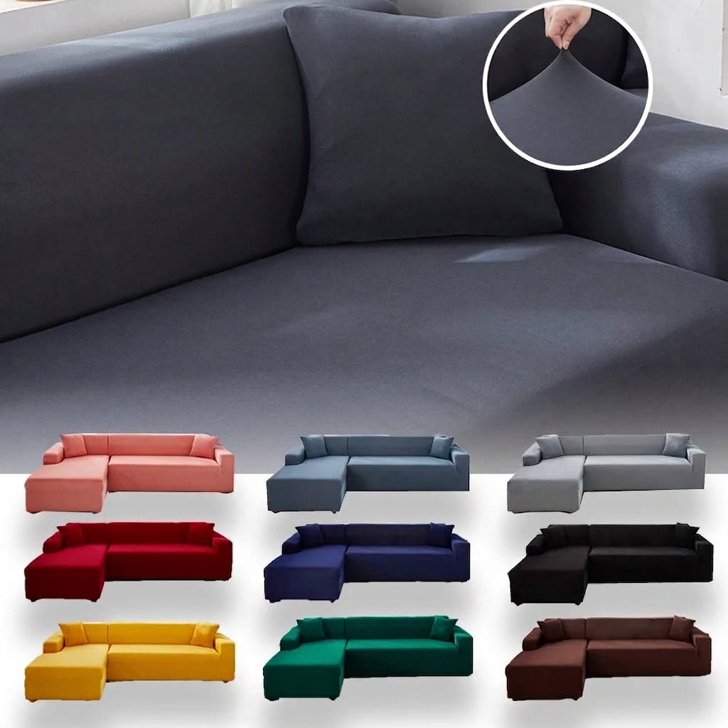Grey stretch sofa cover with inset showing fabric elasticity and multiple color swatches below