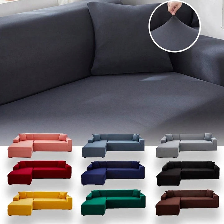 Grey stretch sofa cover with inset showing fabric elasticity and multiple color swatches below