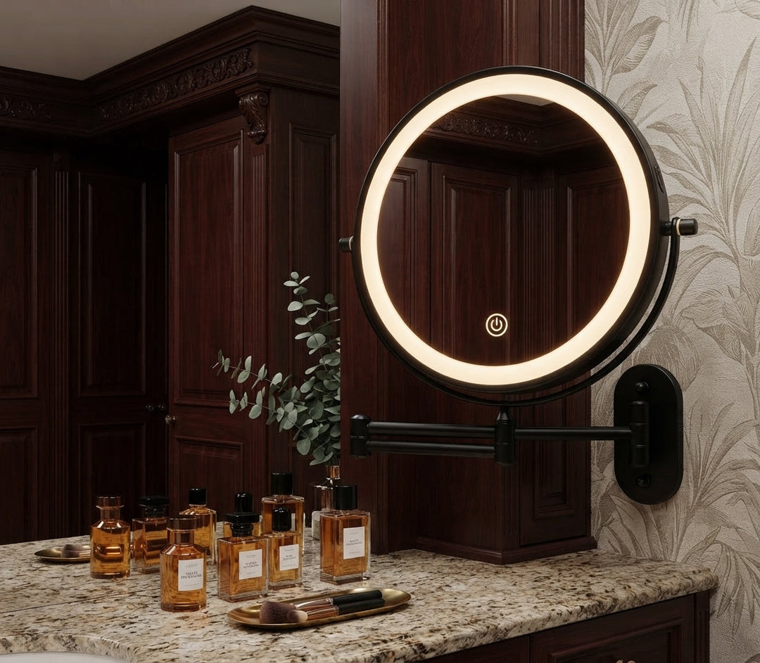 LED magnifying mirror positioned on a dark wood vanity table with perfume bottles