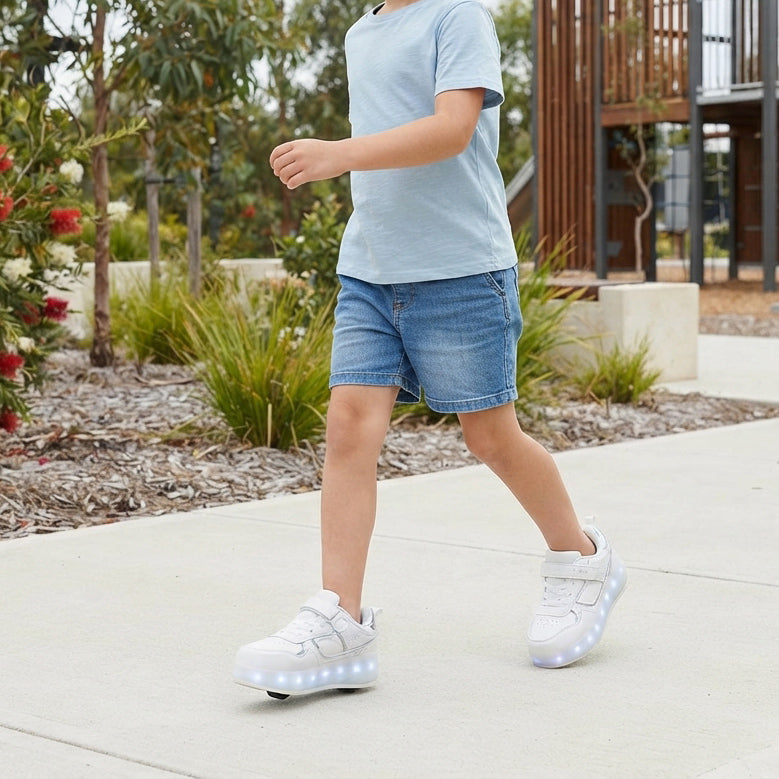 Child wearing white light-up roller shoes walking on a paved pathway