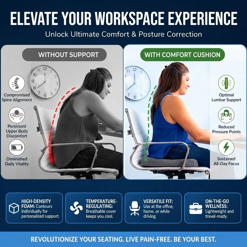 Comparison illustration of posture with and without the memory foam seat cushion
