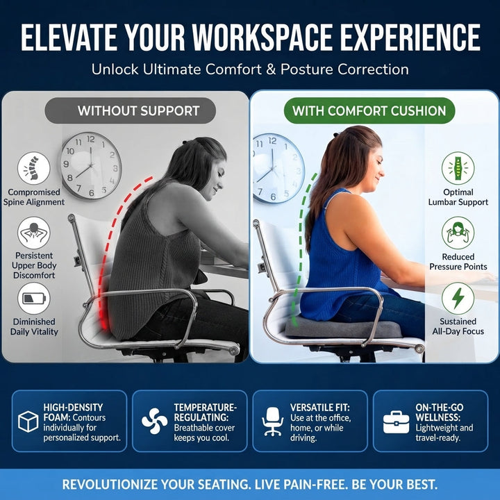 Comparison illustration of posture with and without the memory foam seat cushion