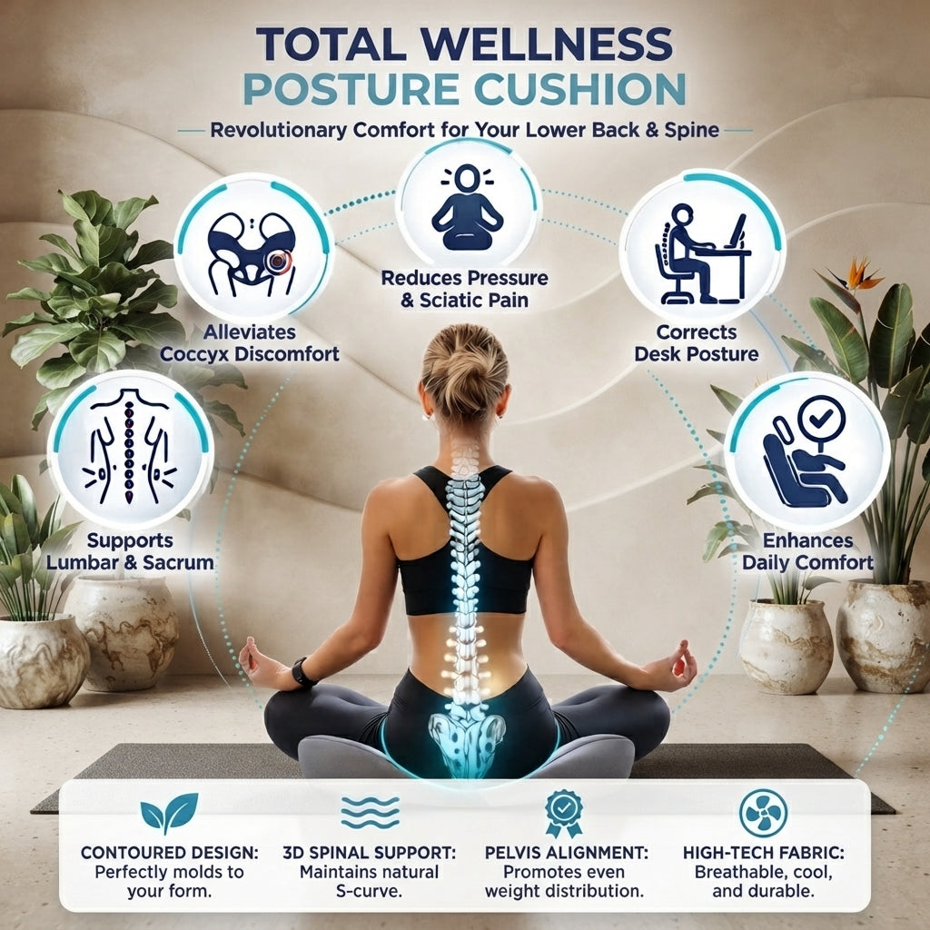 Infographic showing spinal alignment benefits and features of the posture cushion
