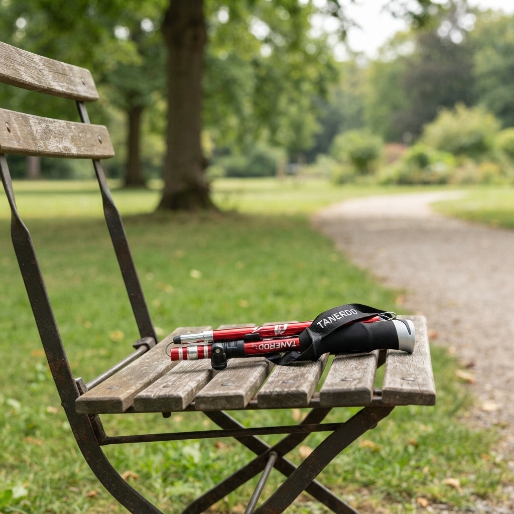 Close-up view of the ergonomic handle and wrist strap on the hiking stick