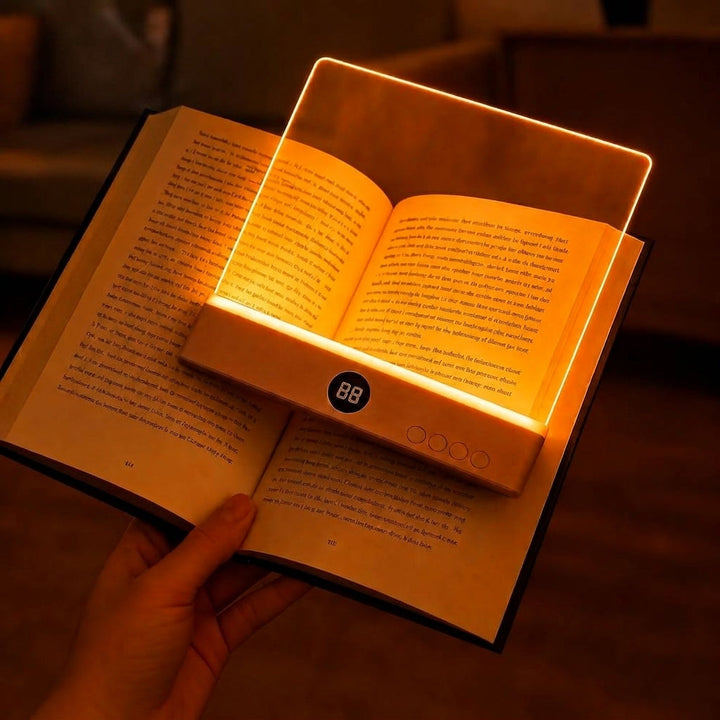 Close-up of a glowing cordless reading lamp illuminating a book page in a dim room