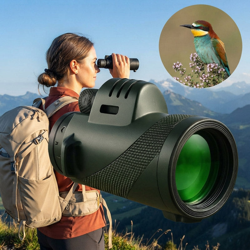 Woman hiking in mountains using a compact green monocular telescope