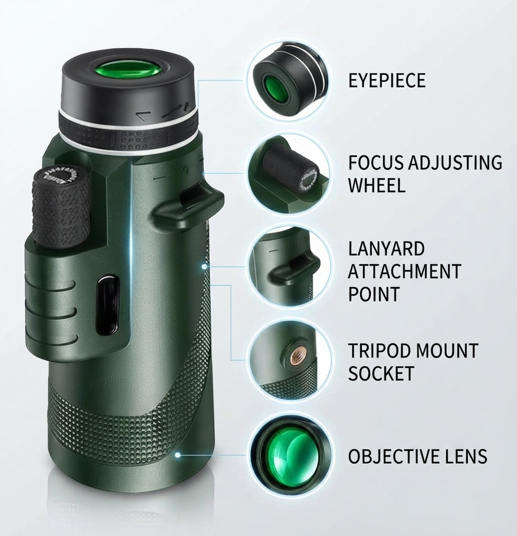 HD optics telescope pointing towards landscape during daytime birdwatching