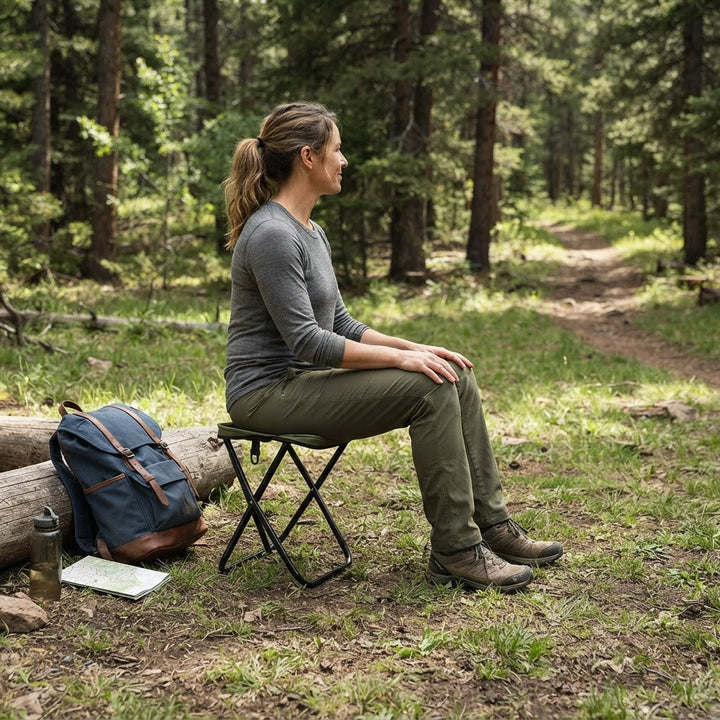 Lightweight tripod seat folded down with attached strap for easy hiking transport