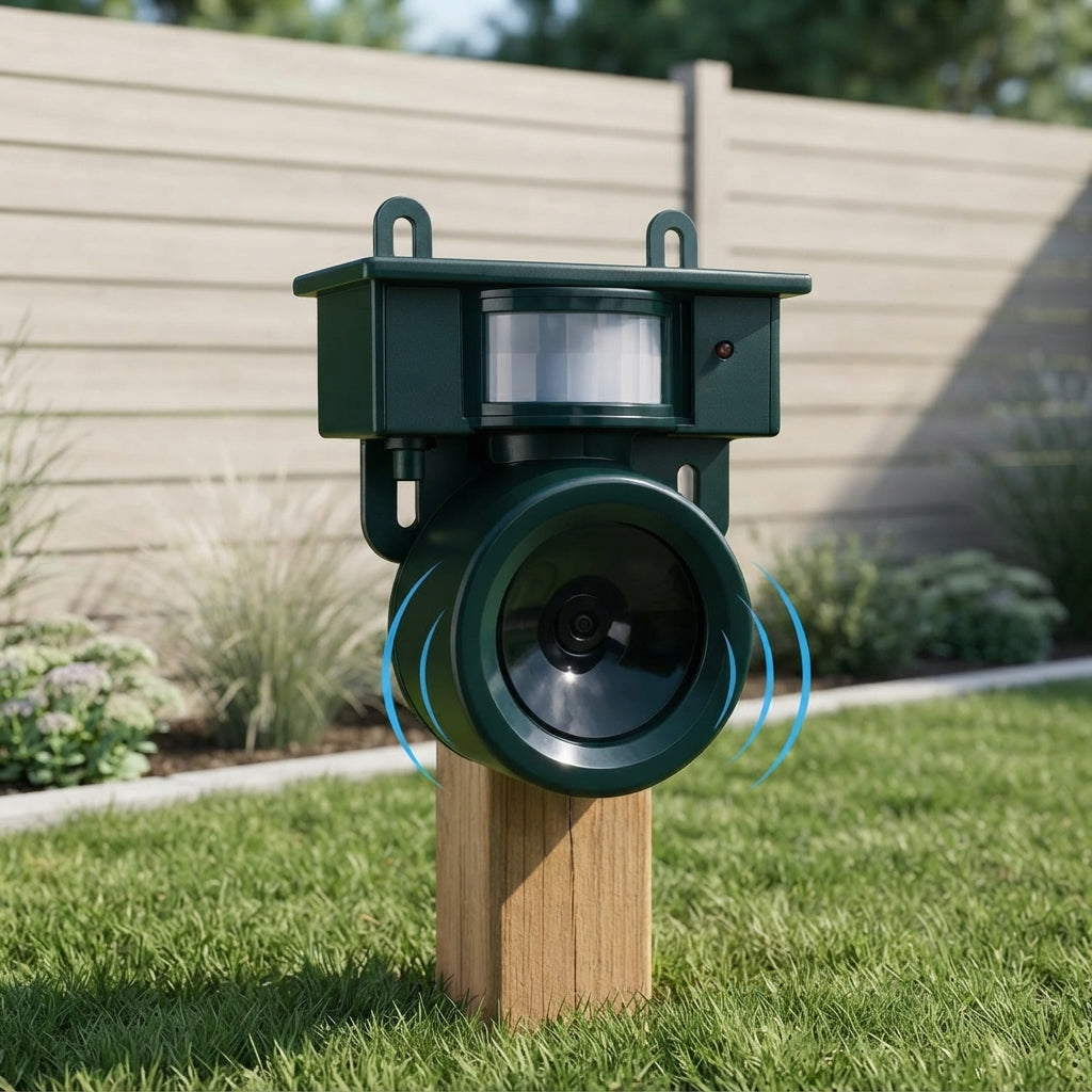 Solar powered motion sensor bird repeller mounted on a wooden post in a garden