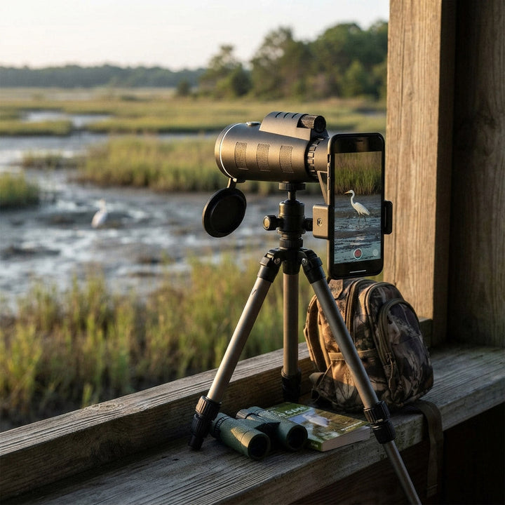 Astronomy telescope mounted on tripod with smartphone adapter