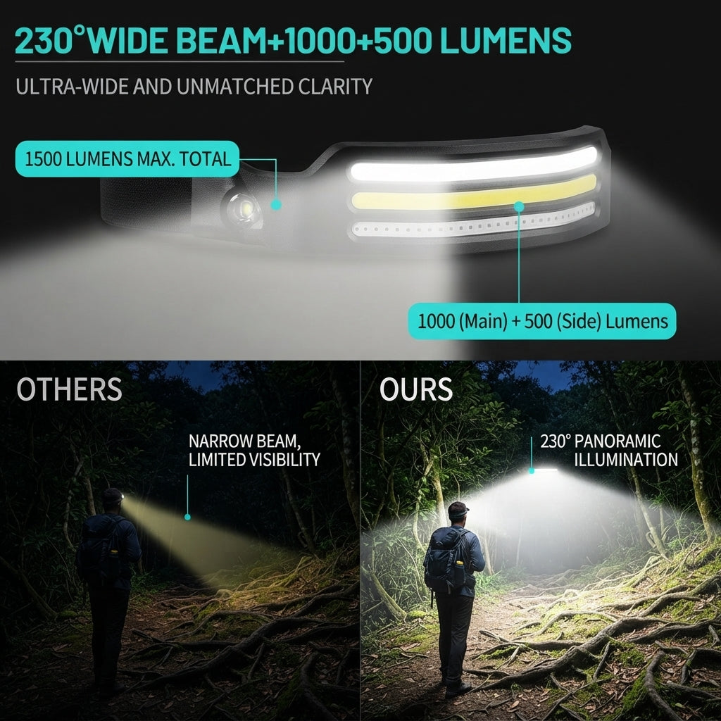 Comparison showing 230 degree wide beam versus narrow beam illumination