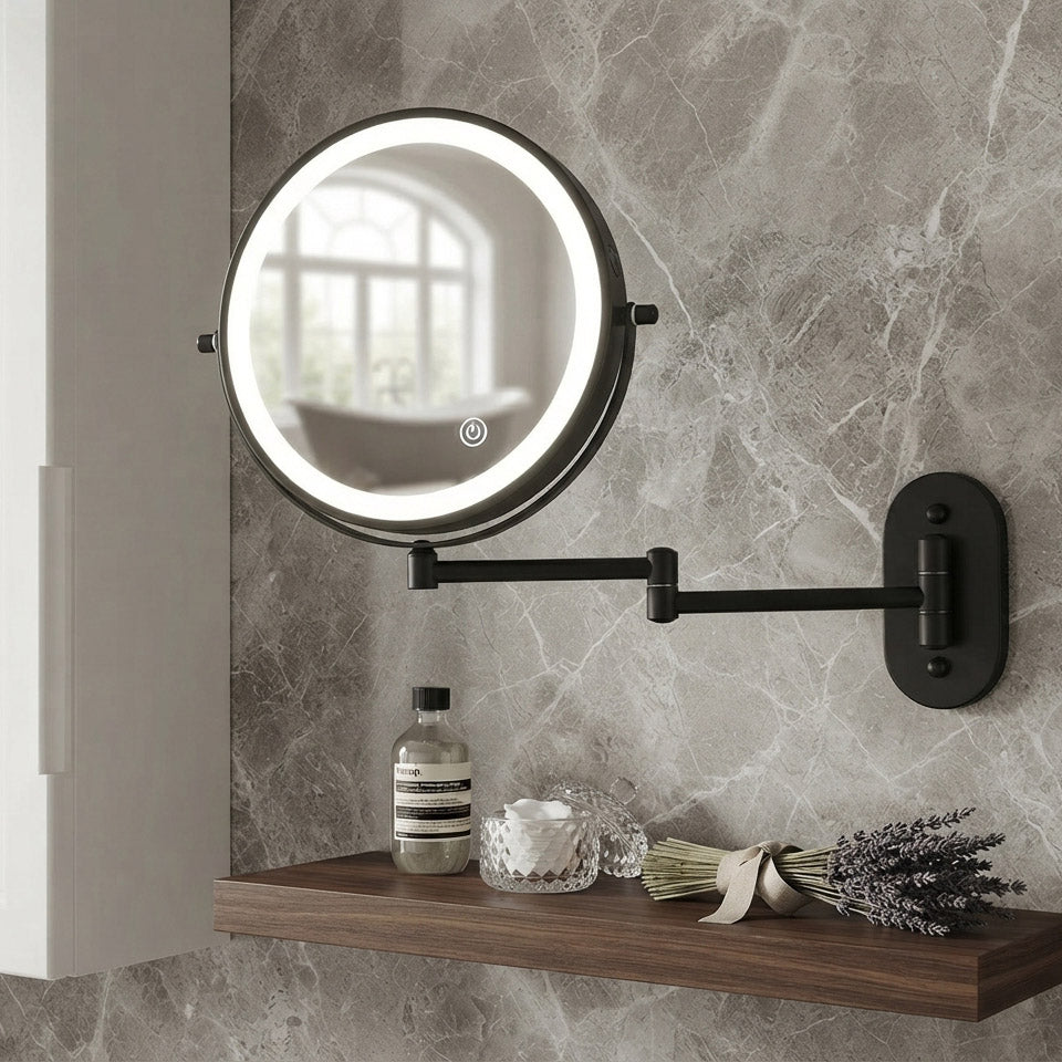 Wall mounted LED magnifying vanity mirror showing adjustable warm light setting