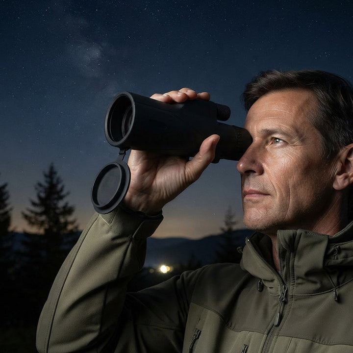 Man using stargazing telescope during night sky observation