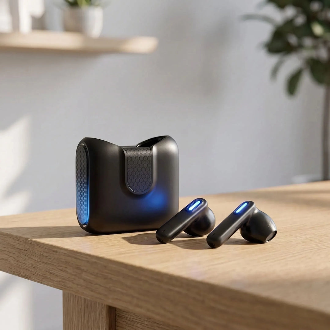 Black wireless AI translation earbuds resting next to their charging case on a wooden table.