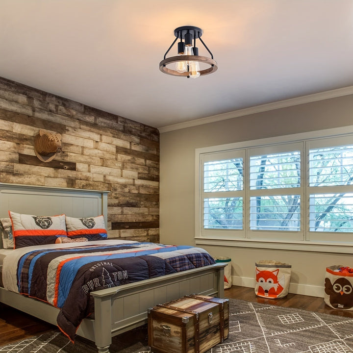 Industrial farmhouse semi-flush wood and metal ceiling light fixture for living room or bedroom