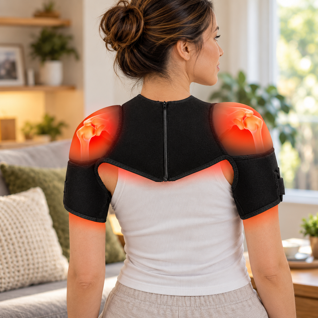 Woman wearing the infrared heated shoulder massager wrap indoors