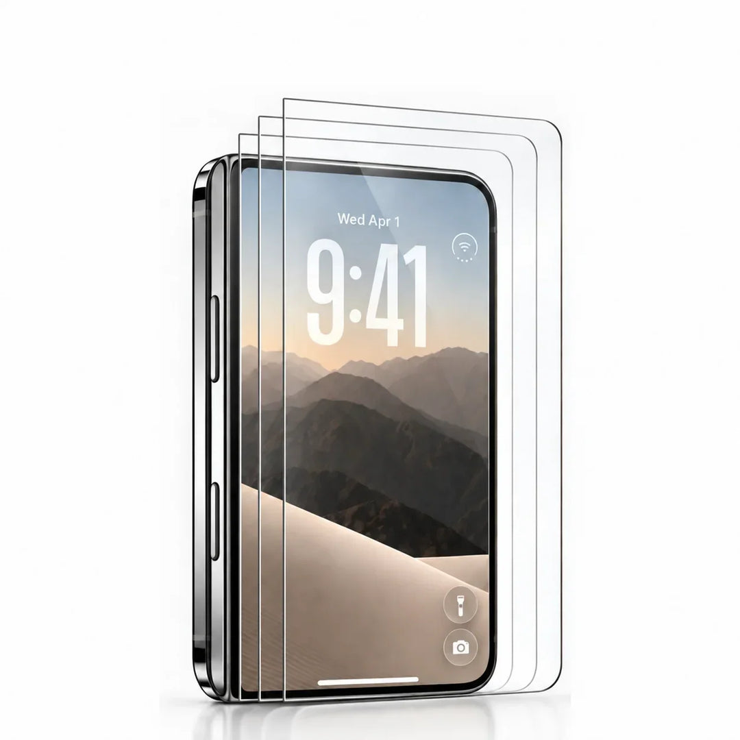 Outer screen tempered glass protectors stacked beside an iPhone Duo