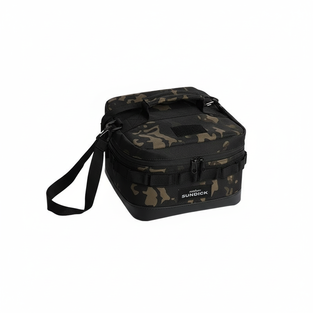 Camo pattern insulated camping bowl storage bag against a clean white background