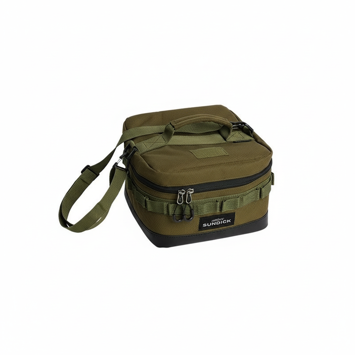 Camp kitchen storage bag open with insulated compartment for bowls and gear