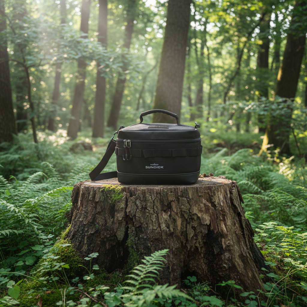 Black insulated camping bowl storage bag resting on a tree stump in a forest