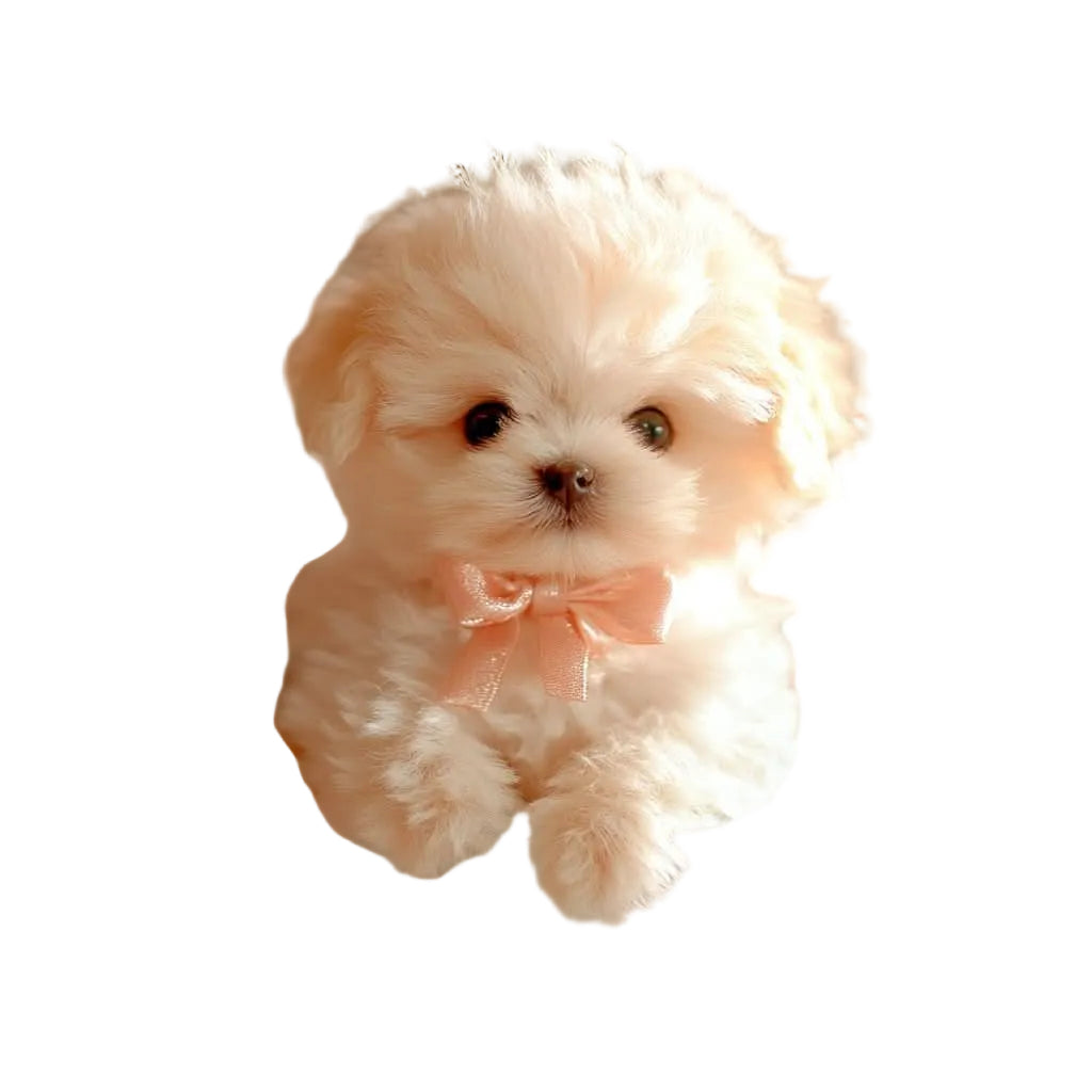 Front view of white interactive plush puppy toy with pink bow
