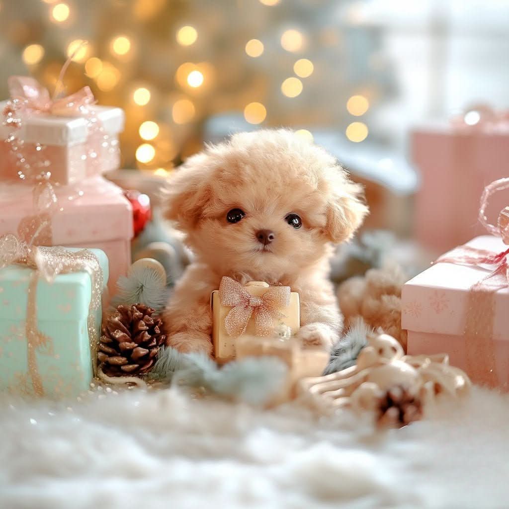 Light brown interactive plush puppy toy surrounded by holiday gift boxes