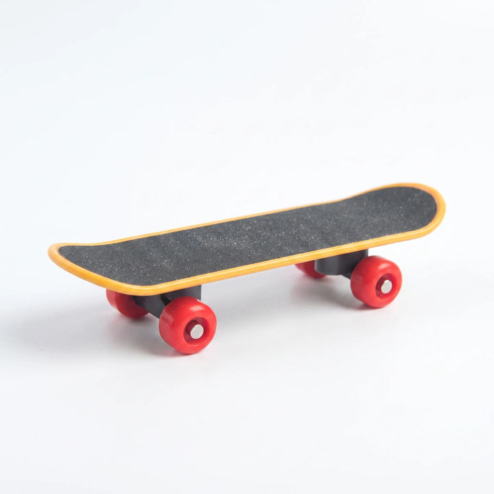 Mini yellow and black skateboard toy for birds with red wheels