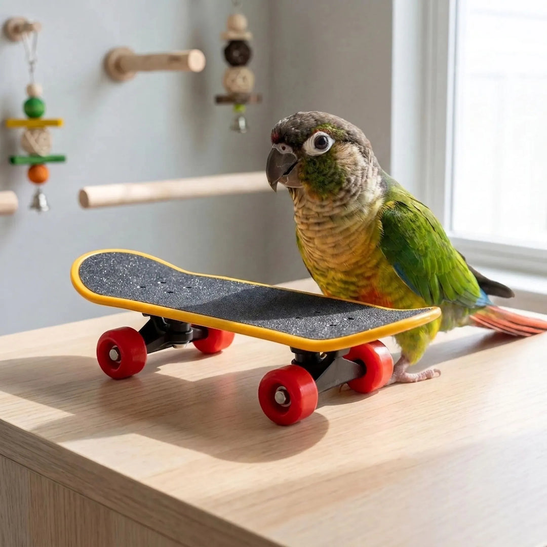 Green parrot standing beside a mini skateboard toy on a wooden table