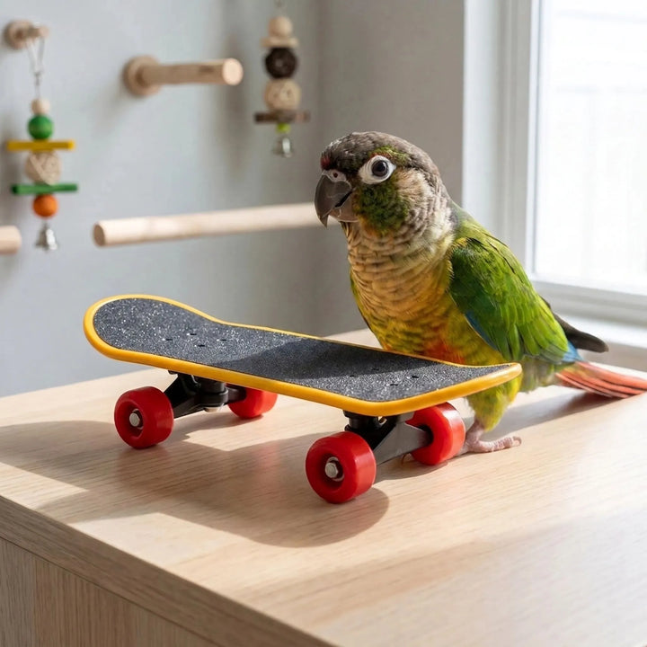 Green parrot standing beside a mini skateboard toy on a wooden table