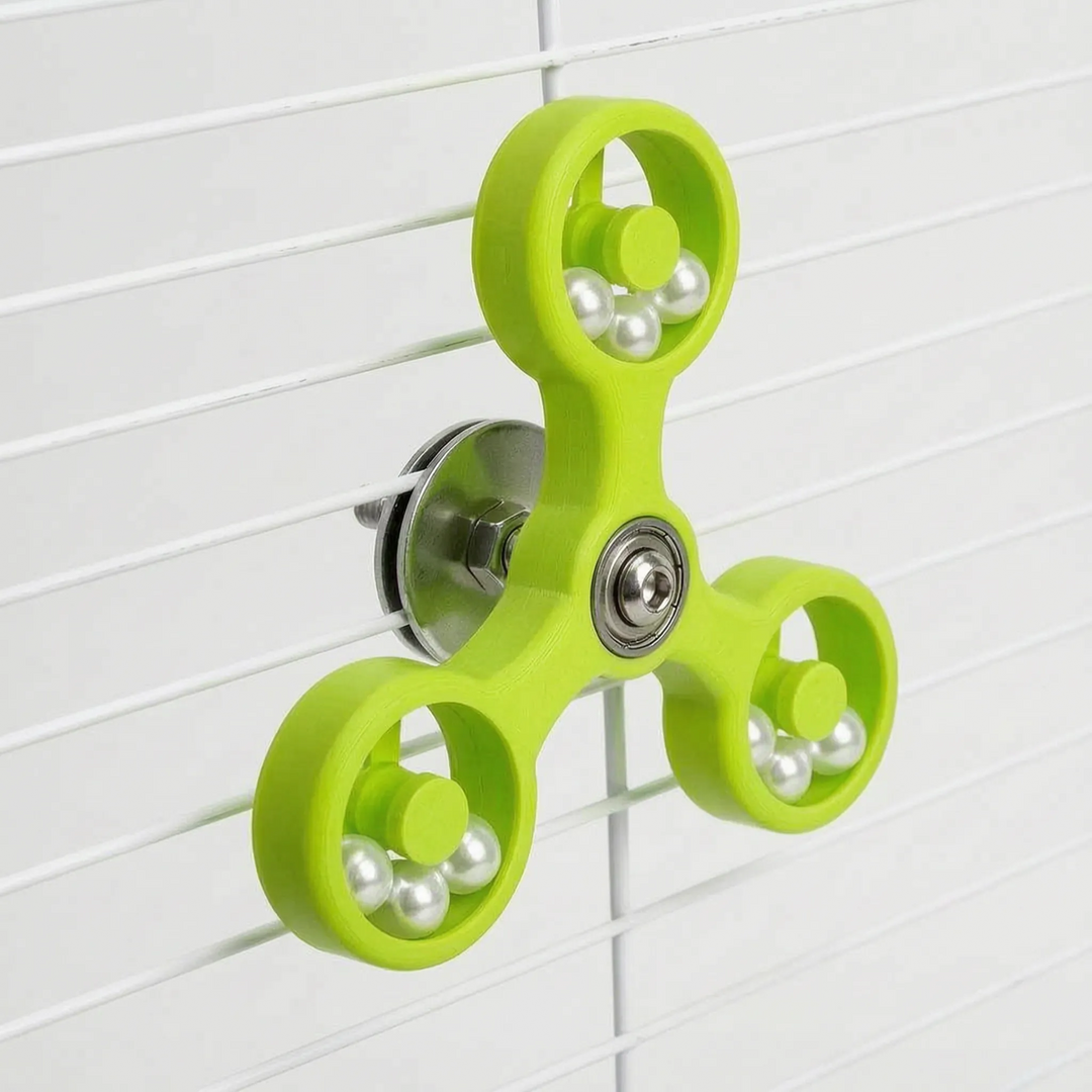 Budgie playing with interactive spinning cage accessory pet supply