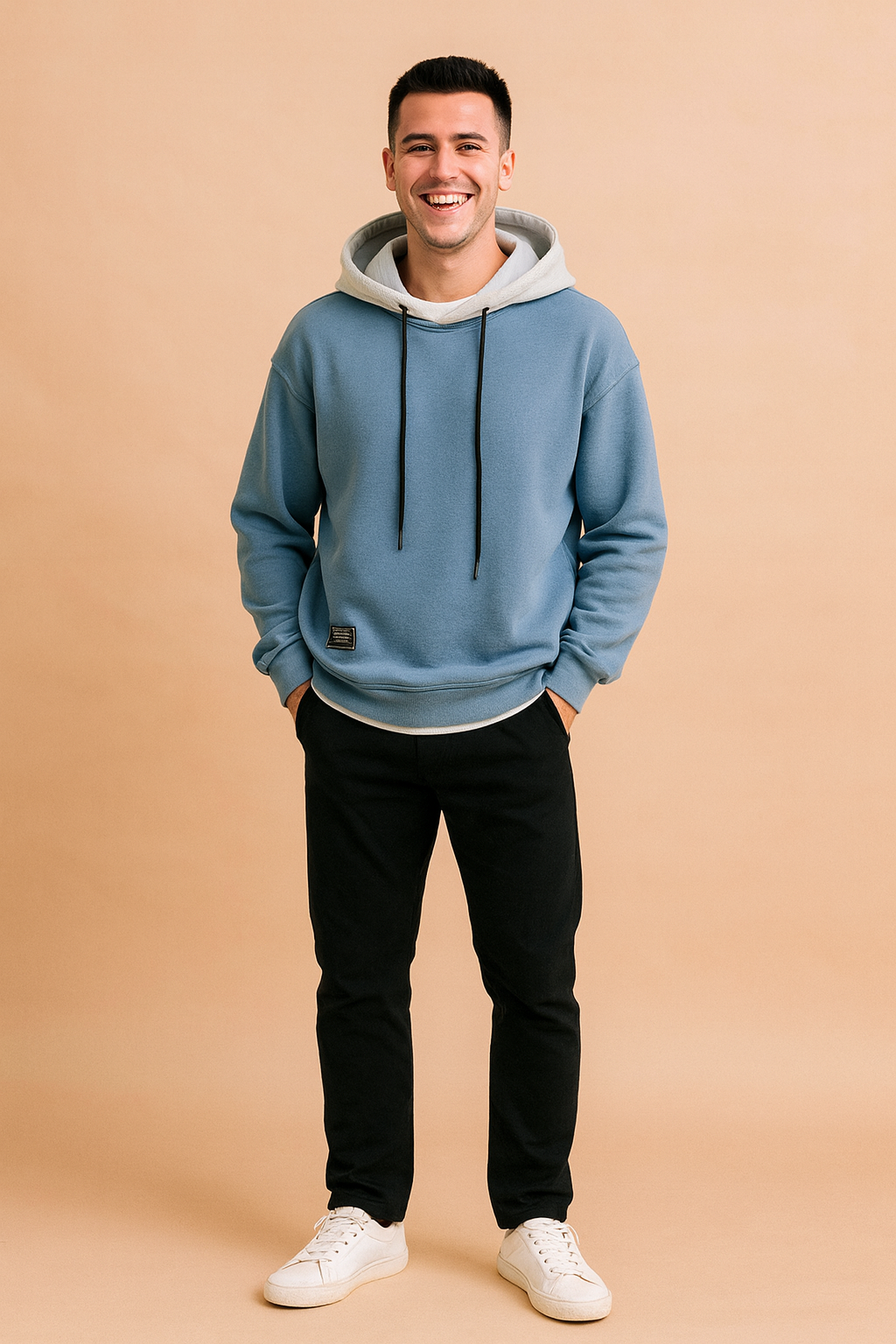 Close up of mens streetwear knitwear hoodie fabric texture and comfortable apparel details