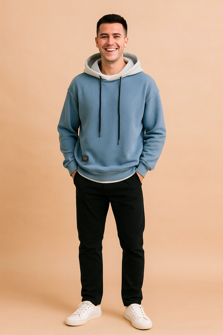 Close up of mens streetwear knitwear hoodie fabric texture and comfortable apparel details
