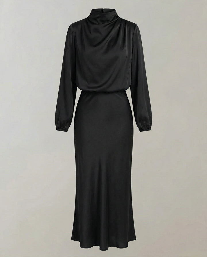 Black long-sleeve midi dress displayed flat on a neutral background