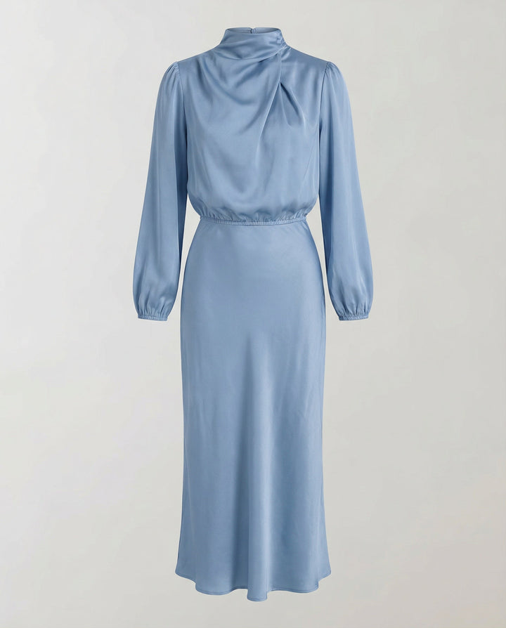 Back view of elegant party dress featuring form-fitting midi length design