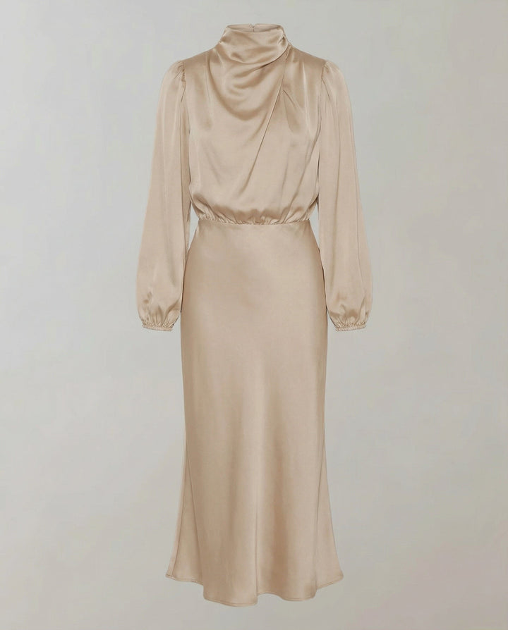 Close-up of luminous fabric texture on women's formal long-sleeve dress