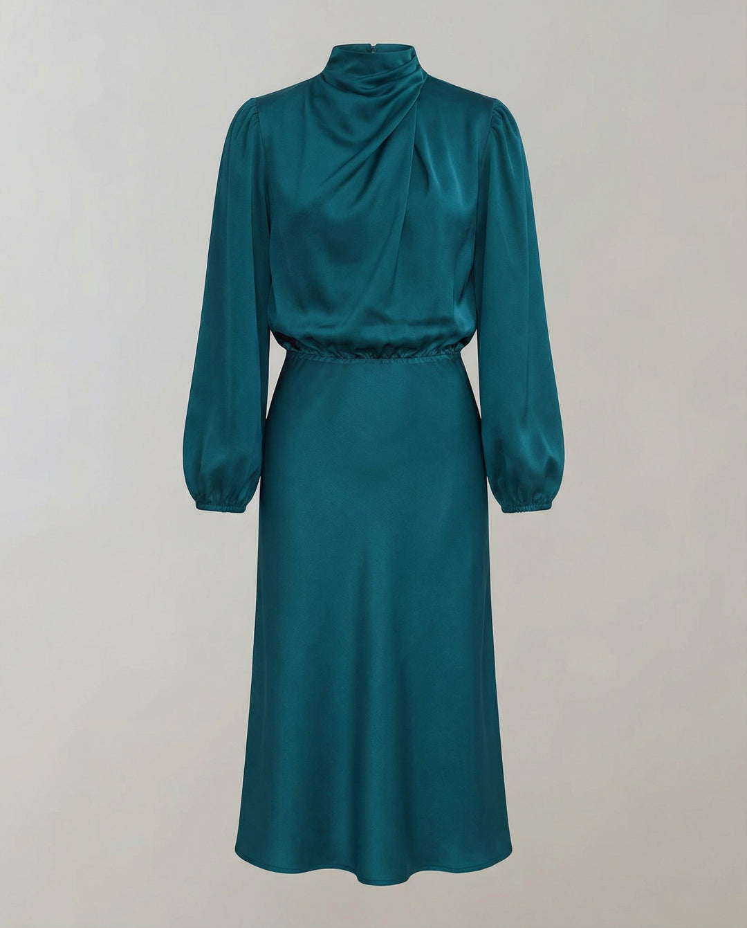 Flat lay of women's elegant luminous long-sleeve midi dress with accessories